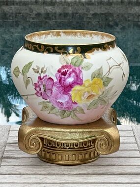 D & C France Porcelain Jardinière 1895 French Floral & Gold Outline of Dark Rim
